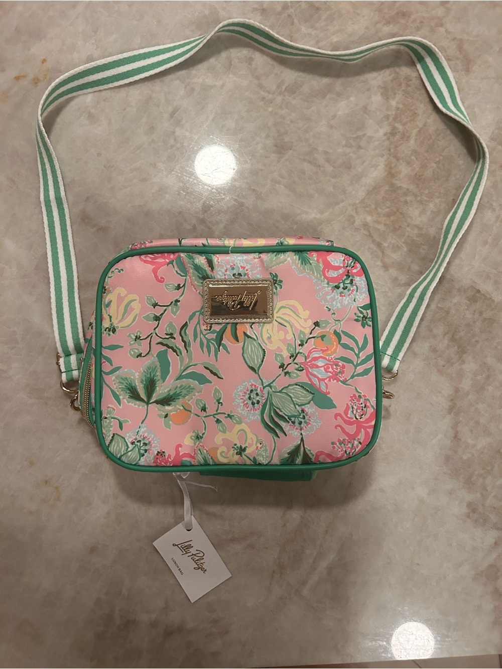Lilly Pulitzer Pink Floral Crossbody with Green Trim and Striped Strap